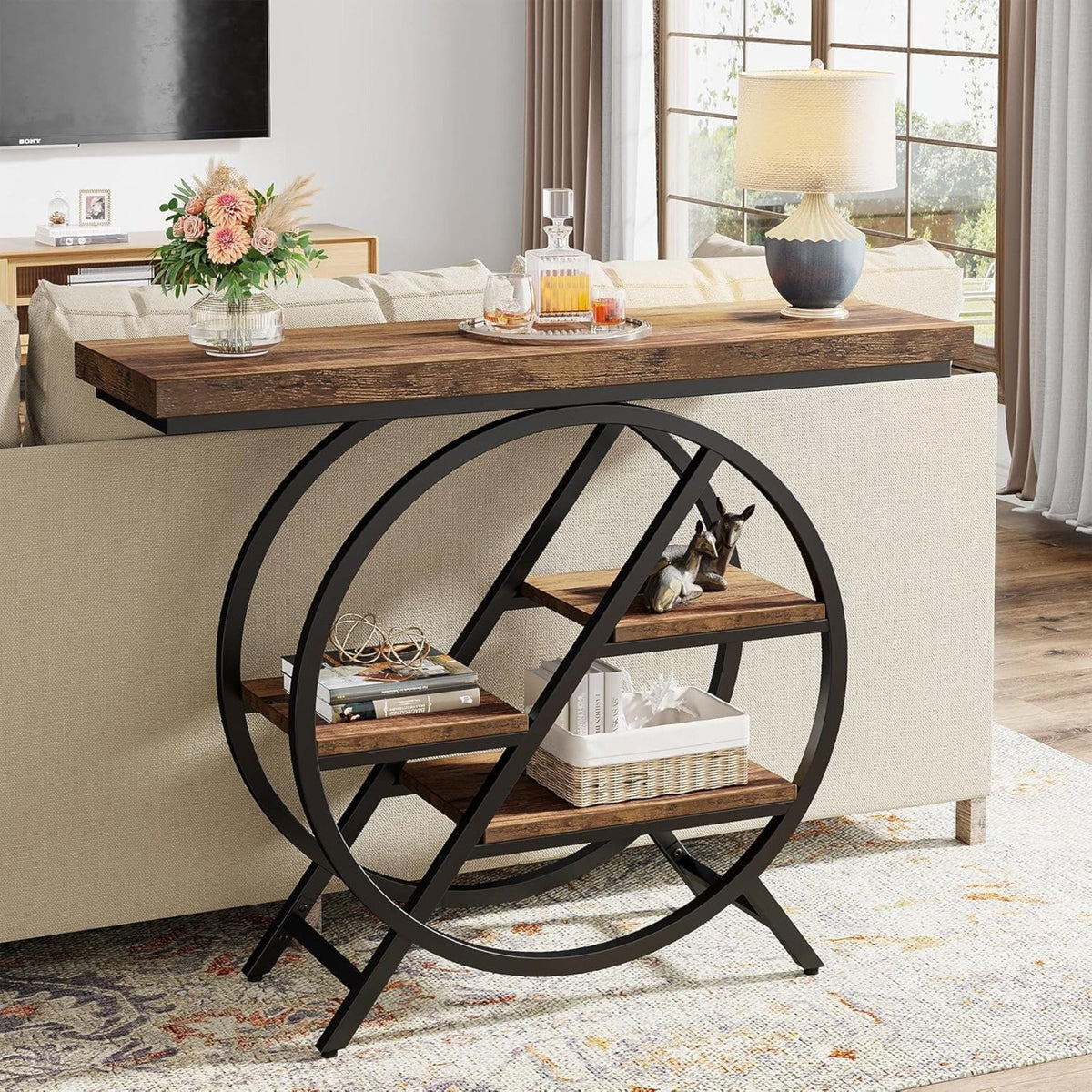 4 Tier Entryway Console Table With Geometric Circle Frame & Storage Shelves - Rustic Brown, photo 5 of 12