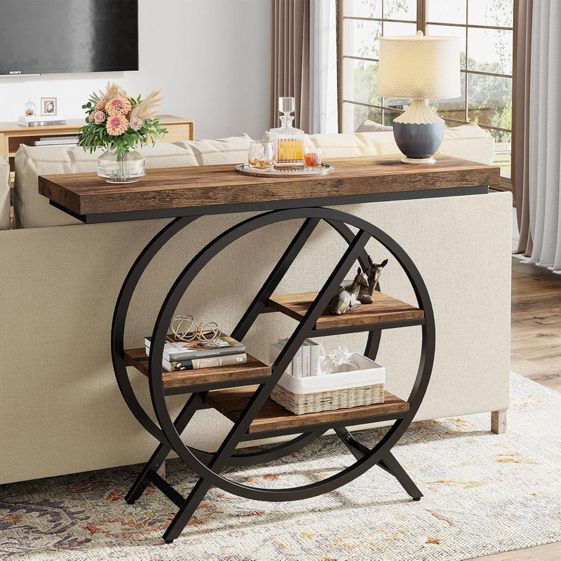 4 Tier Entryway Console Table With Geometric Circle Frame & Storage Shelves - Rustic Brown, photo 5 of 12