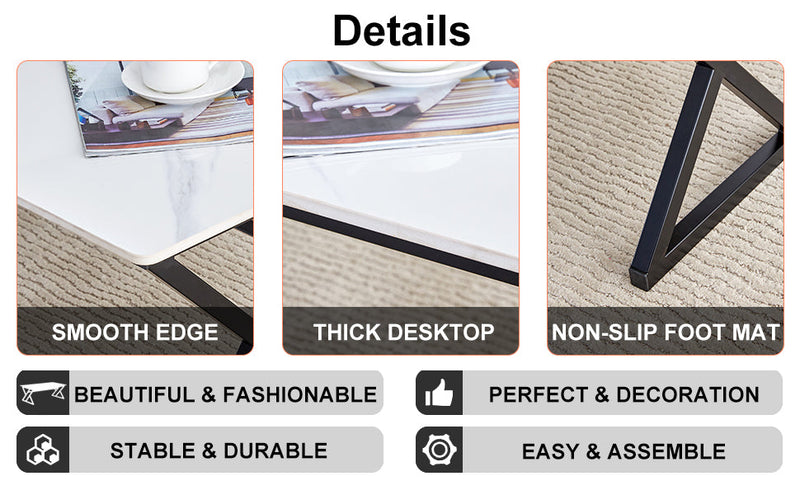 A modern minimalist style white marble patterned coffee table with black metal legs. Computer desk. Game table. Tea table. CT-XX