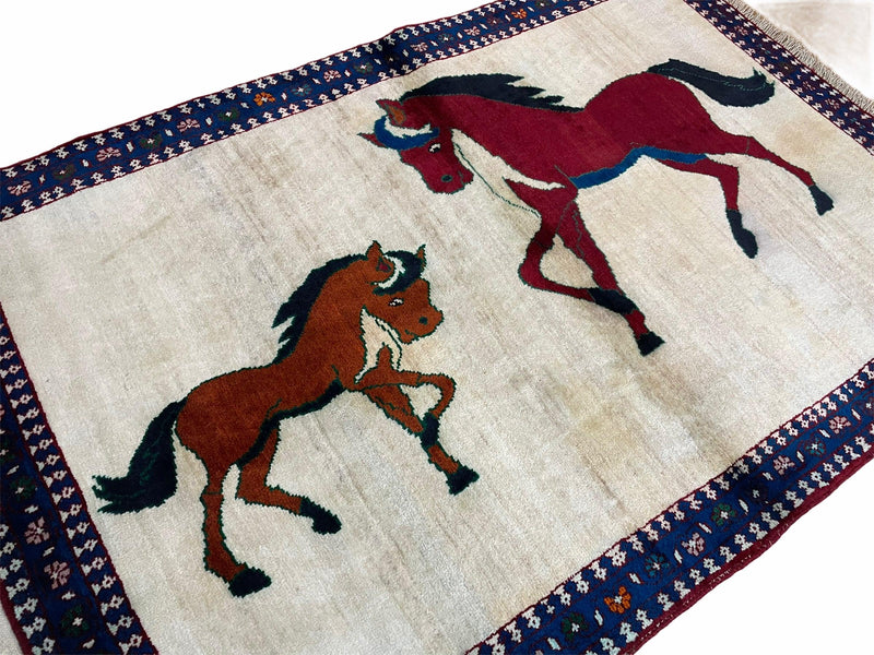 3.5 X 5 Handmade Hand-Knotted Quality Wool Pictorial Brown Horses Animal Rug