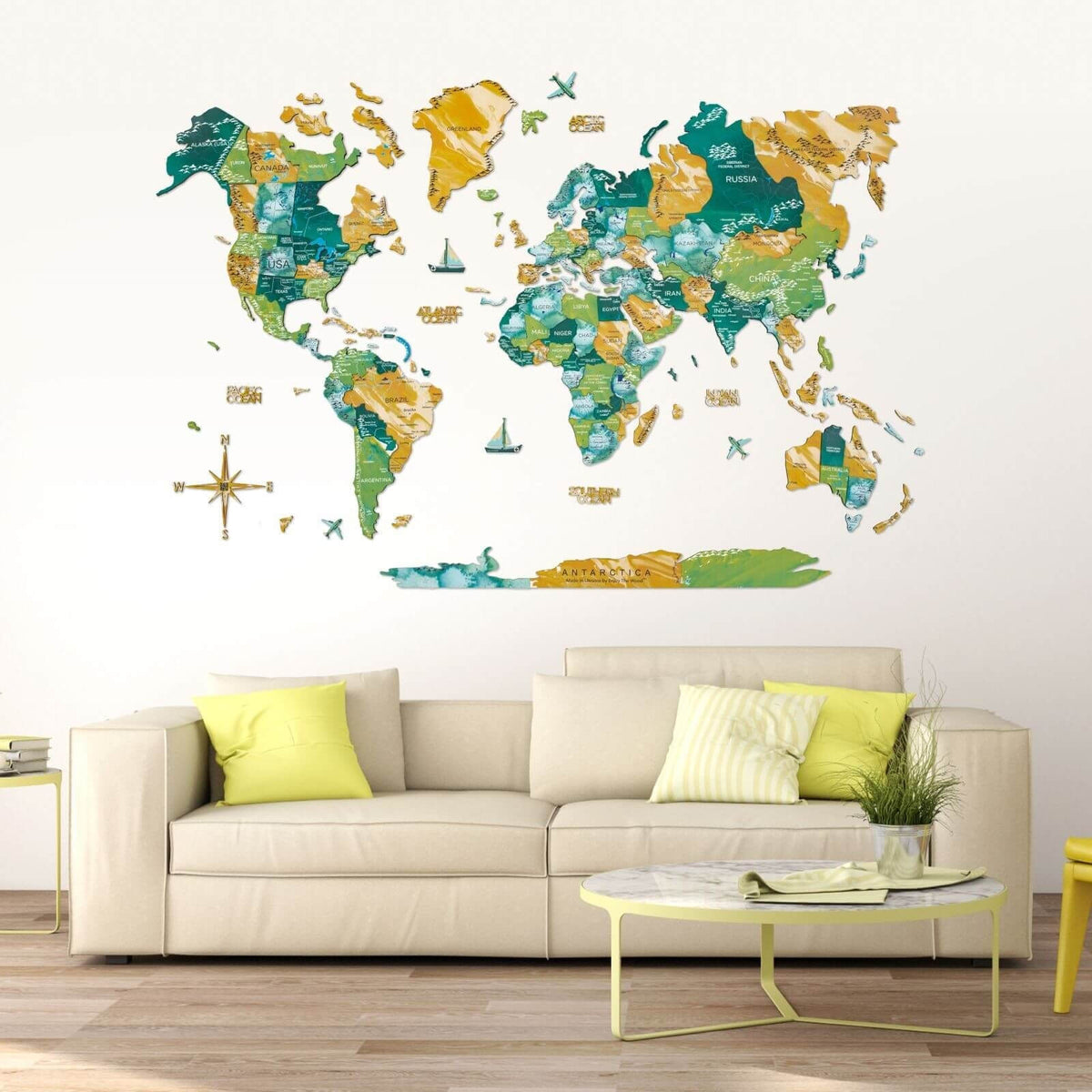 3D Wooden World Map Surface