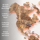 3D Solid Wooden World Map - Walnut