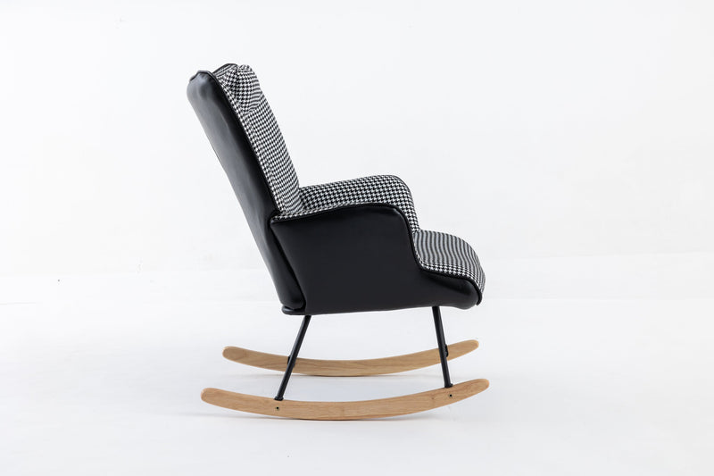 35.5 inch Rocking Chair with Footrest, Soft Houndstooth Fabric Leather Fabric Rocking Chair for Nursery, Comfy Wingback Glider Rocker with Safe Solid Wood Base for Living Room Bedroom Balcony (black)