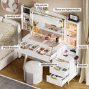 Vanity Desk with with Mirror and Lights, Makeup Vanity Table with Glass Top ,Dressing Table with Drawers, Bedroom Makeup Table for Women (White-Glass top)