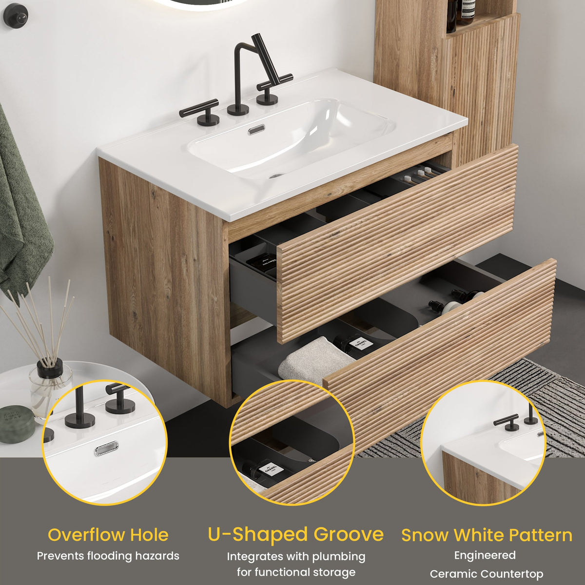 Gloria 30" Wall Mounted Rough Oak Bathroom Vanity, photo 4 of 10