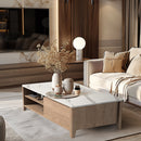 47 Inch Modern Farmhouse Double Drawer Coffee Table for Living Room or Office, Tobacco Wood and White Marble