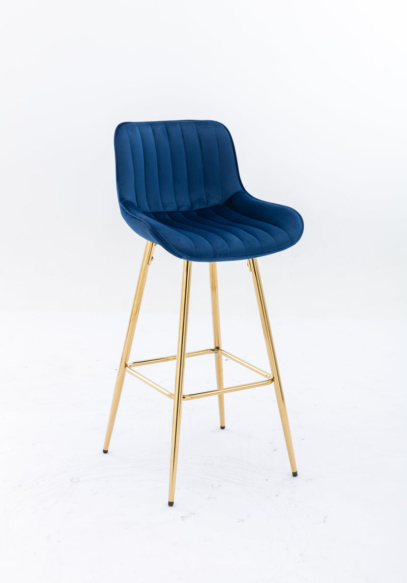 26 Inch Set of 2 Bar Stools, with Steel Frame Footrest Velvet Fabric Golden Leg Simple Bar Stool, BLUE