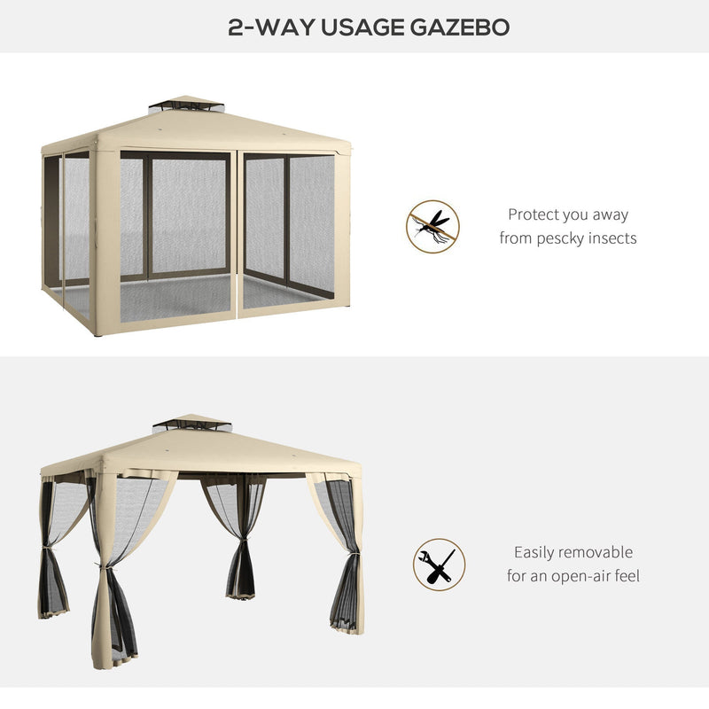 9.6' x 11.6' Patio Gazebo, Outdoor Canopy Shelter with 2-Tier Roof and Netting, Steel Frame for Garden, Lawn, Backyard, and Deck, Taupe