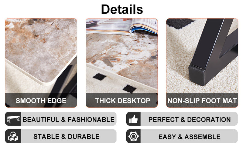 A modern minimalist style marble patterned coffee table with black metal legs. Computer desk. Game table. Tea table. CT-XX