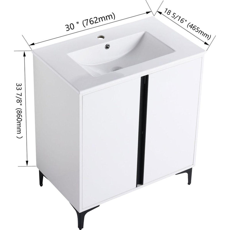 30" Freestanding Bathroom Vanity With Ceramic Sink-BVB06730WH-