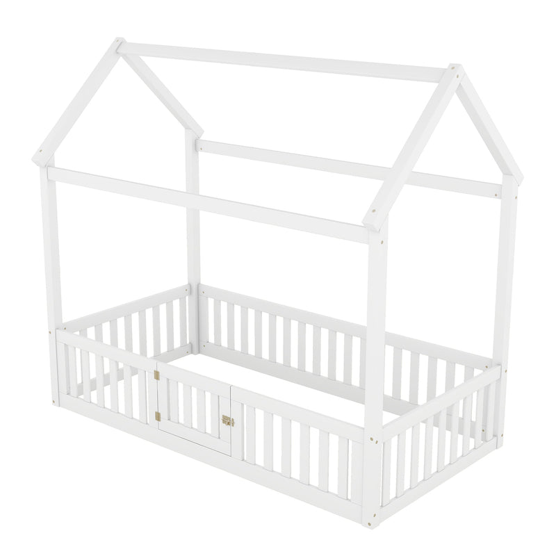 Walker Edison | Twin Size Wood House Bed with Fence and Door, White