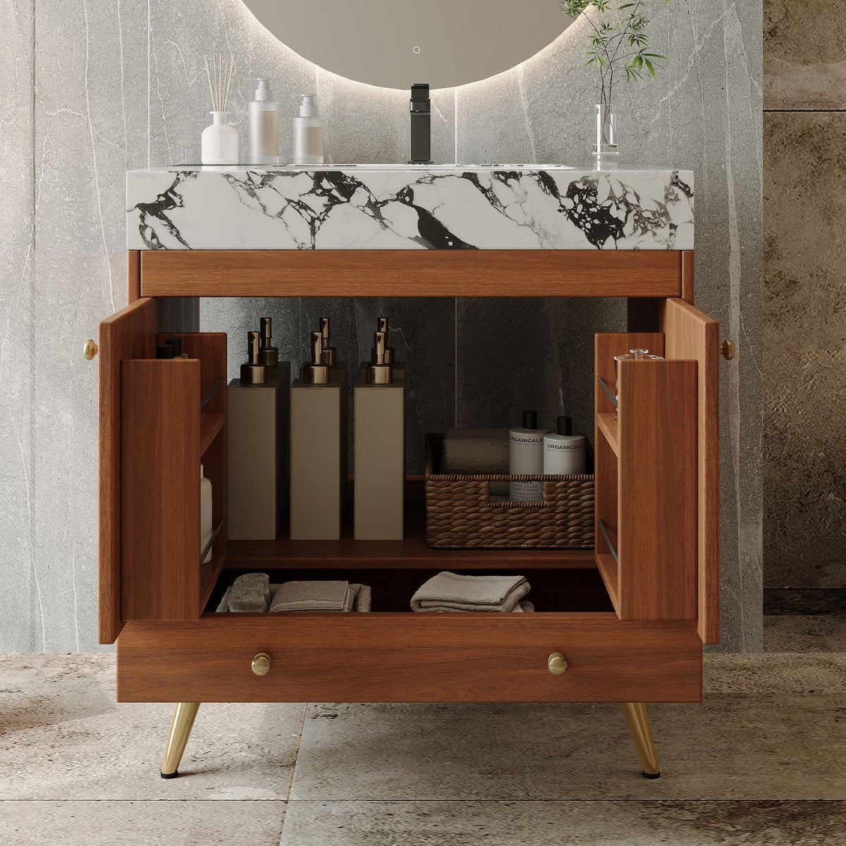 Mid-Century Free-Standing Bathroom Vanity with Faux Marble Top, photo 4 of 10