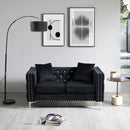59.4 Inch Wide Black Velvet Sofa with Jeweled buttons, Square Arm, 2 Pillows