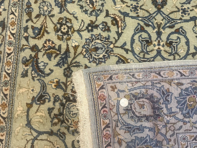 Persian Kashan Rug, Unique Colors, 225 KPSI, Light Green and Light Blue