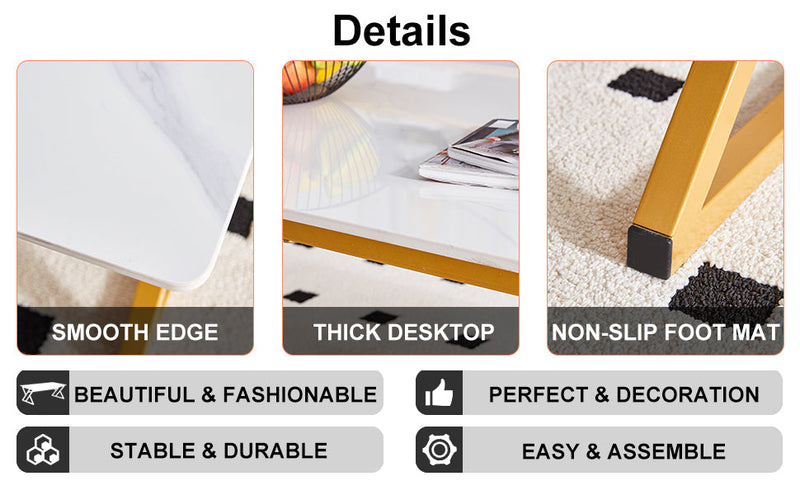 A modern minimalist style white marble patterned coffee table with golden metal legs. Computer desk. Game table. Tea table. CT-XX