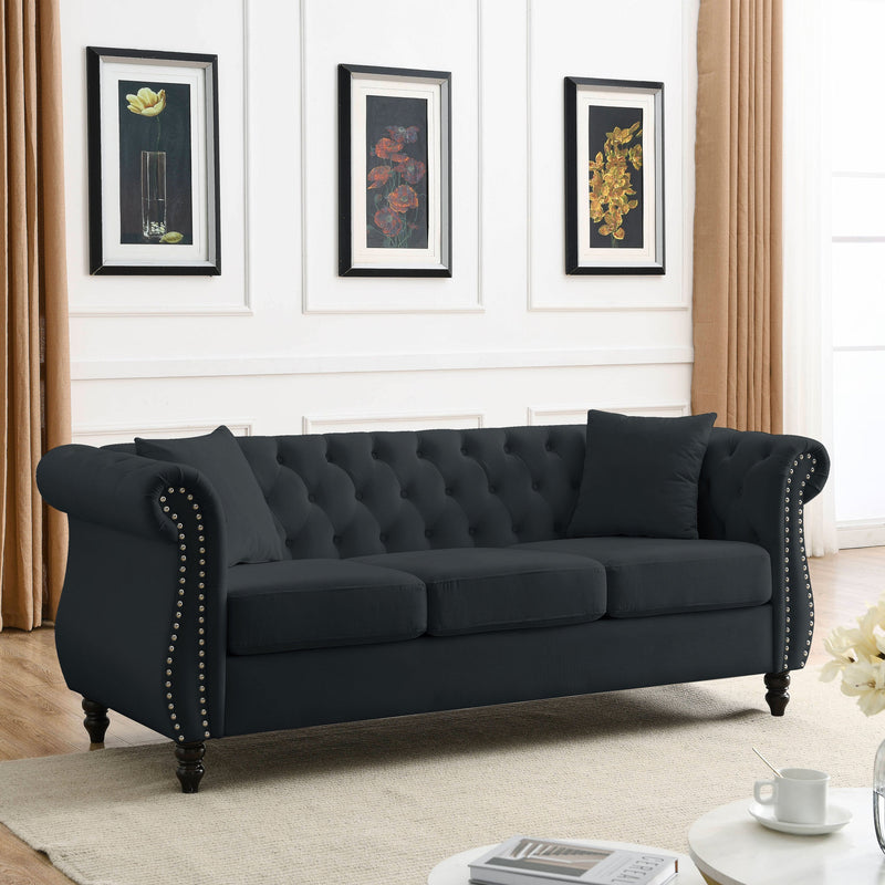80" Chesterfield Sofa Black Velvet for Living Room, 3 Seater Sofa Tufted Couch with Rolled Arms and Nailhead for Living Room, Bedroom, Office, Apartment, 3S With 3S