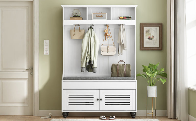 5-in-1 Entryway Bench with Shutter-shaped doors, Coat Rack, Cushion and 4 Sturdy Hooks, 47.2" Wide Hall Tree with Storage Bench for Hallway, Entryway, Living Room