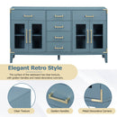 6-drawer and 2-Cabinet Retro Sideboard with Extra Large Storage Space, with Gold Handles and Solid Wood Legs, for Kitchen and Living Room (Antique Blue)