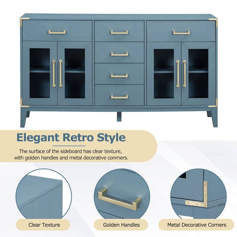 6-drawer and 2-Cabinet Retro Sideboard with Extra Large Storage Space, with Gold Handles and Solid Wood Legs, for Kitchen and Living Room (Antique Blue)