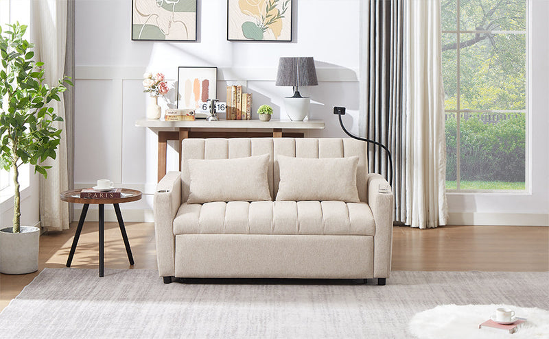 55.9" Convertible Sofa Bed Loveseat Sofa with Three USB Ports, Two Side Pockets, Two Cup Holders and 360Swivel Phone Holder for Living Room, Beige