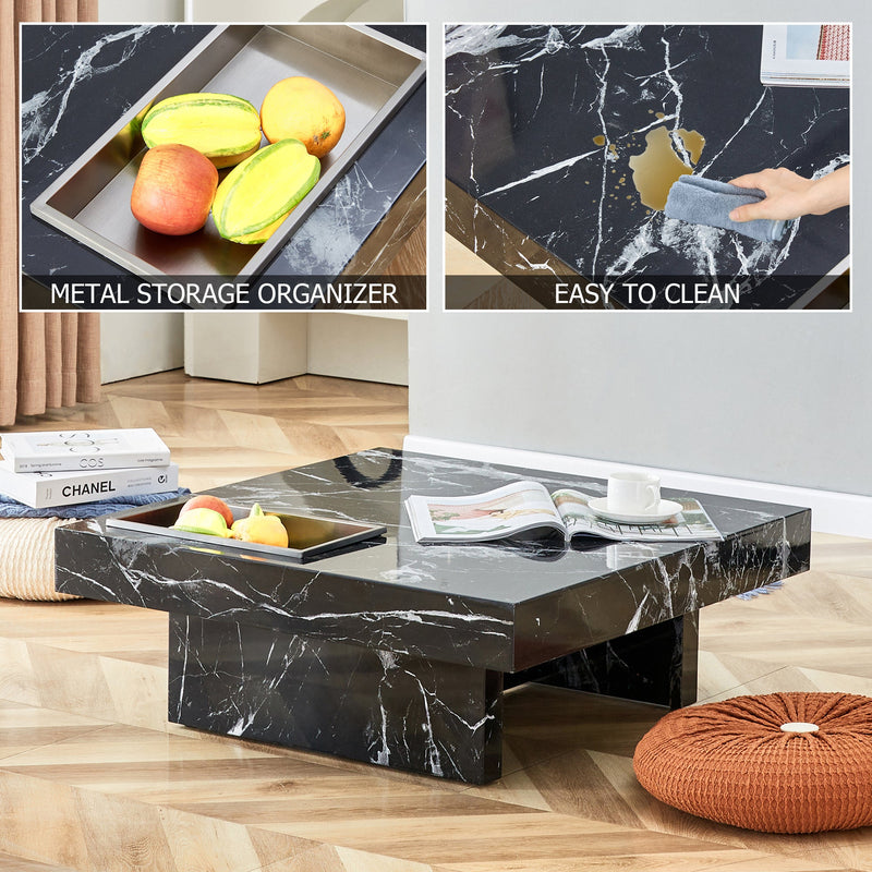 A modern and practical coffee table made of MDF material with black patterns. The fusion of elegance and natural fashion 31.4"x31.4"x12"