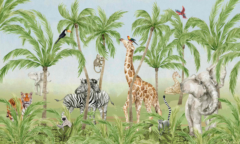 Safari Animals Wall Mural - Giraffe, Zebras, Elephant and Tiger