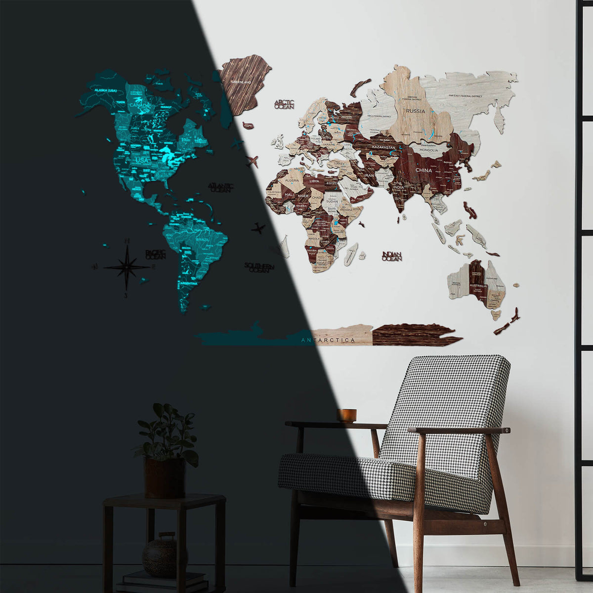 3D Luminous Colored Wooden World Map Cappuccino, photo 4 of 13