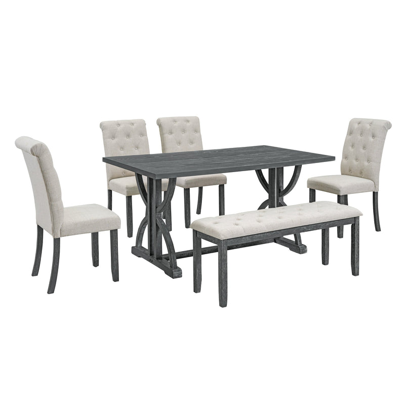 6-Piece Retro Rectangular Dining Table Set, Table with Unique Legs and 4 Upholstered Chairs & 1 Bench for Dining Room and Kitchen (Gray Wash)