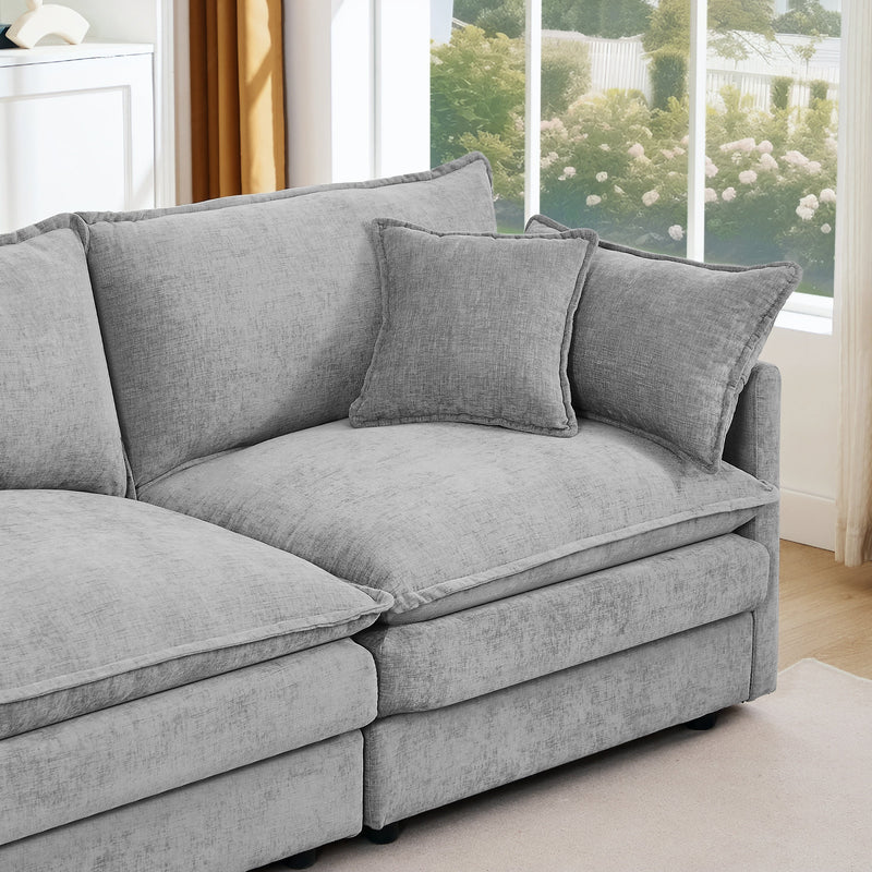 Contemporary Modular Sectional Sofa, 105 Inch L-Shaped Couch Set with Movable Ottoman, Chenille Grey