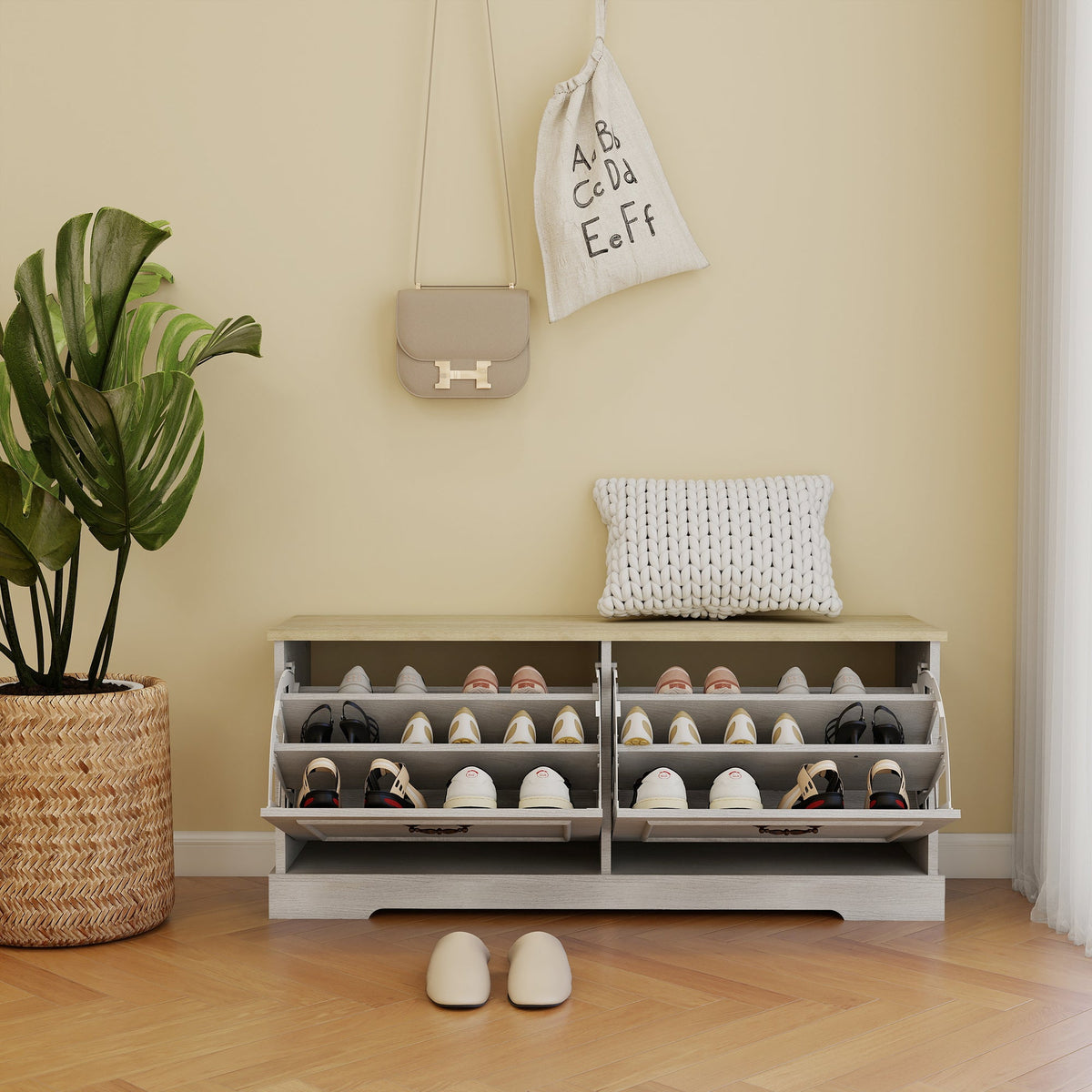 Shoe Storage Bench with 2 Flip Drawers and Adjustable Shelf - Antique, photo 3 of 10