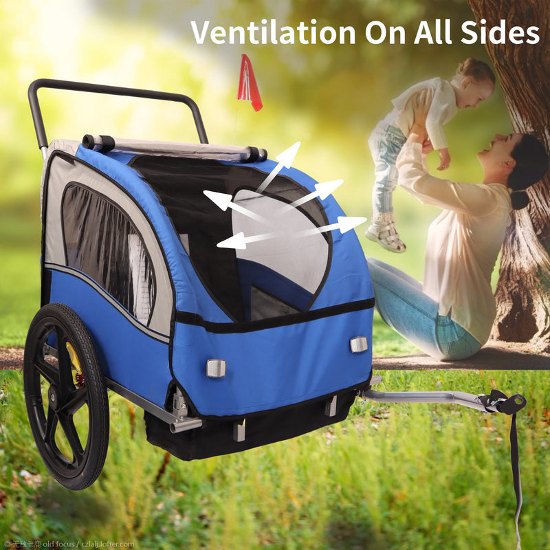 2-in-1 Double 2 Seat Bicycle Bike Trailer Jogger Stroller for Kids Children Foldable Collapsible w/Pivot Front Wheel