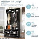 All in One Hall Tree with 3 Top Shelves and 2 Flip Shoe Storage Drawers, Wood Hallway Organizer with Storage Bench and Metal Hanging Hooks, Black