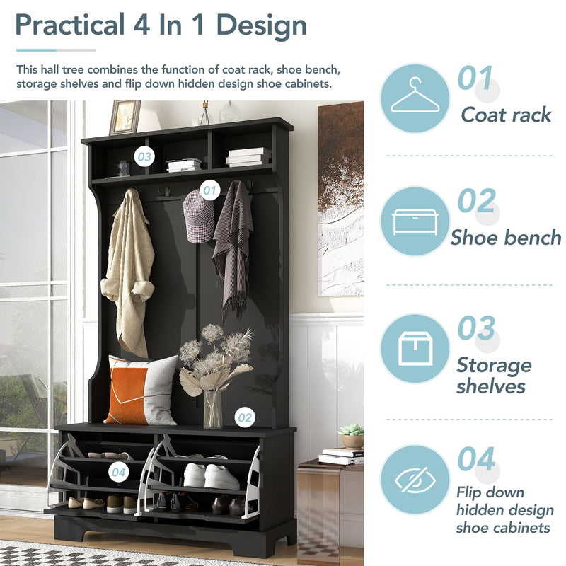 All in One Hall Tree with 3 Top Shelves and 2 Flip Shoe Storage Drawers, Wood Hallway Organizer with Storage Bench and Metal Hanging Hooks, Black