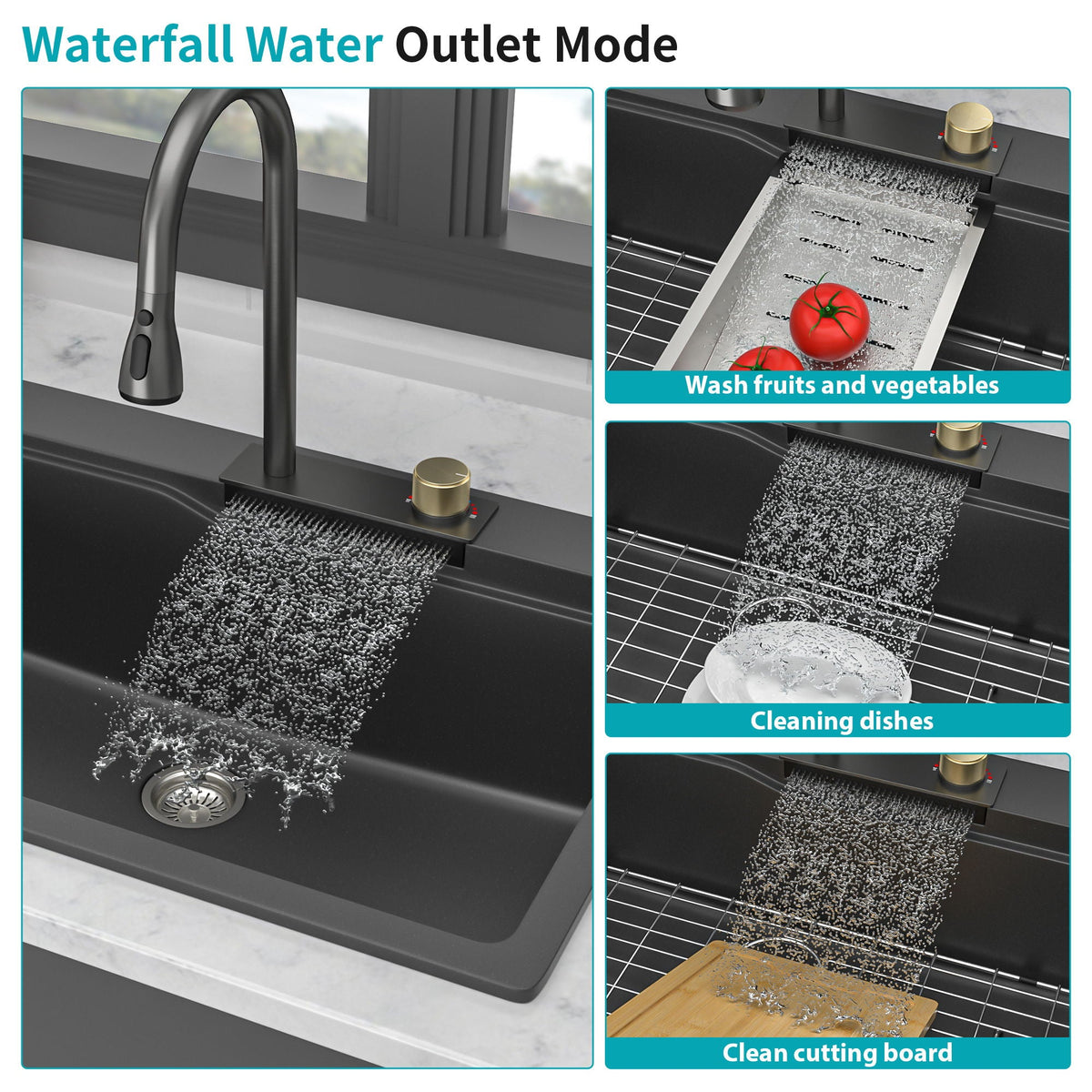 Waterfall Kitchen Sink With Pull Out Faucet & Cup Washer, photo 12 of 40