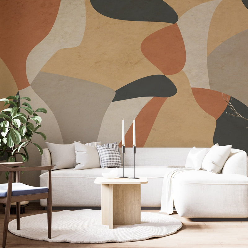 Modern Abstract Wallpaper - Organic Earth Tones with Flowing Shapes Wall Mural