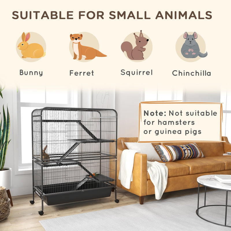 53.5" Small Animal Cage, 5-Level Metal Ferret or Bunny Cage with Wheels, Chinchilla Cage with Removable Tray, 2 Front Doors, Ramps, Gray