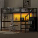 Full Size Loft Bed With Desk, Storage Staircase, Small Wardrobe And LED Light - Black by Unique Piece Furniture