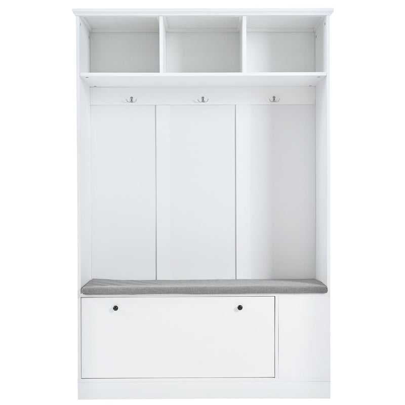 5-in-1 Entryway Bench with Coat Rack, Cushion and 3 Sturdy Hooks, 47.2" Wide Hall Tree with Shoe Storage Bench for Hallway, Entryway, Living Room