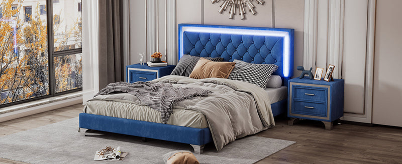 3-Pieces Bedroom Sets,Queen Size Upholstered Platform Bed with LED Lights and Two Nightstands-Blue