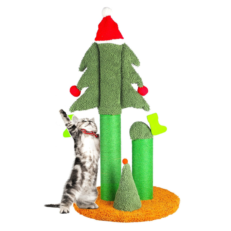 32" Cat Scratching Post, Tall Christmas Tree Cat Scratcher with 3 Posts and Cute Dangling Teaser Balls, Natural Sisal Rope Cat Toys for Kitty and Adult Cats