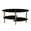 Oval Glass Coffee Table, Modern Table In Living Room Oak Wood Leg Tea Table 3-Layer Tempered Glass Table - Brown / Black by HouseOfZazla
