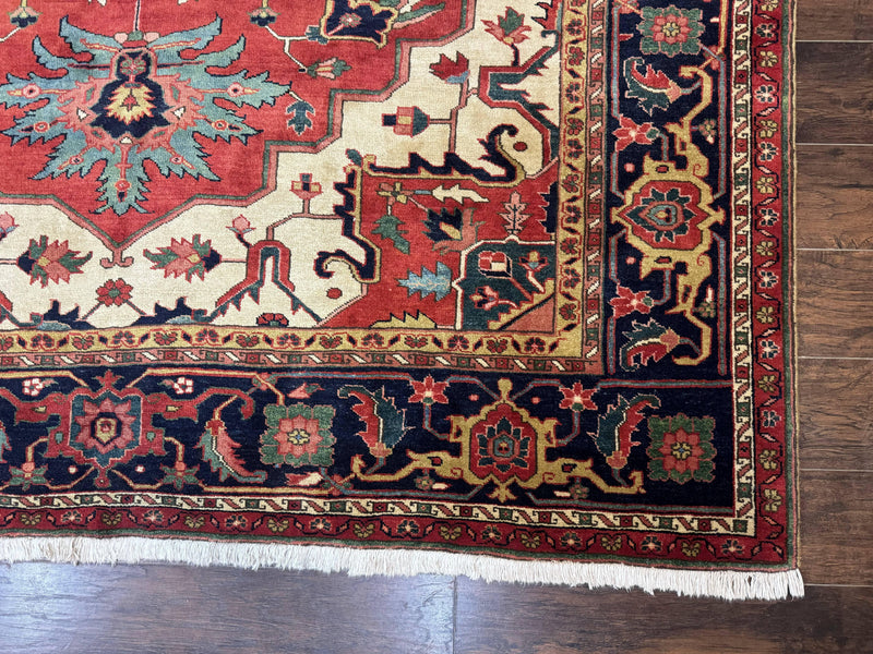 Persian Heriz Serapi Rug 8 x 10.6, Geometric Medallion, Great Colors, Rare, Red Navy Blue Ivory