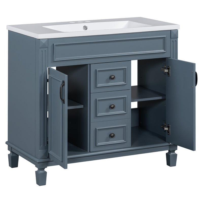 36" Bathroom Vanity with Top Sink, Royal Blue Mirror Cabinet, Modern Bathroom Storage Cabinet with 2 Soft Closing Doors and 2 Drawers, Single Sink Bathroom Vanity