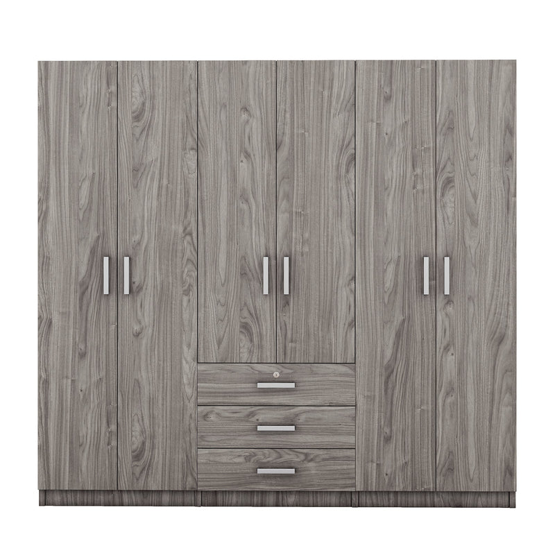 6-Doors Wooden Wardrobe Storage for Bedroom, with Big Drawers, Gray
