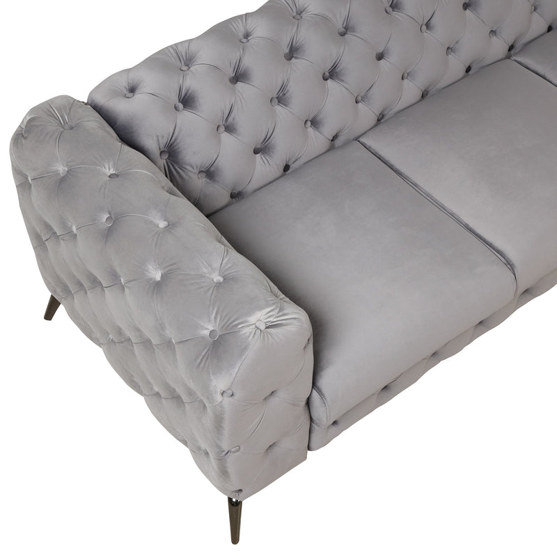 85.5" Velvet Upholstered Sofa with Sturdy Metal Legs, Modern Sofa Couch with Button Tufted Back, 3 Seater Sofa Couch for Living Room, Apartment, Home Office, Gray