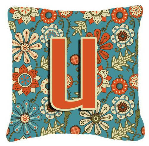 Letter U Flowers Retro Blue Canvas Fabric Decorative Pillow CJ2012-UPW1414