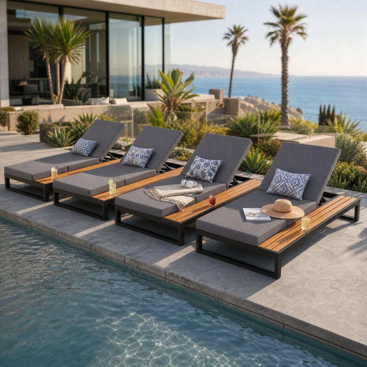 Black Iron & Teak Finish Chaise Lounge Set, photo 6 of 10