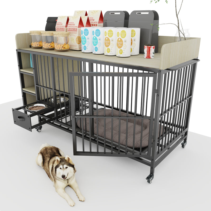 Large pet cage with storage rack, drawers with stainless steel food and water basin, made of iron frame and MDF material, sturdy, exquisite, and practical (black+beige)