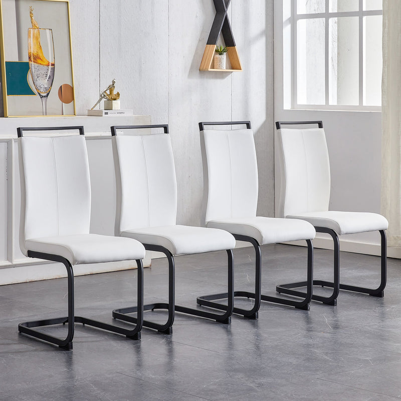 A table and four chairs. The table features a black imitation marble pattern tabletop and black gold MDF legs. The chair has a white PU backrest cushion and black metal legs. F-SQ