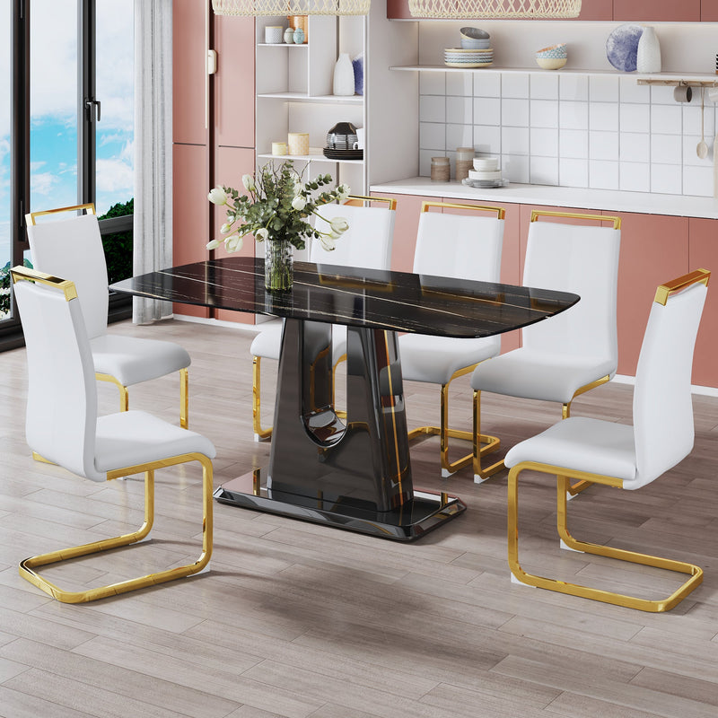 A modern, minimalist, and luxurious table. A black imitation marble tabletop with MDF U-shaped legs. Dining table, computer table. For restaurants and living rooms 63" x 35.4"x 30" F-U